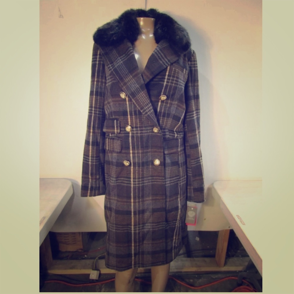Vince Camuto plaid coat, brown and gray
